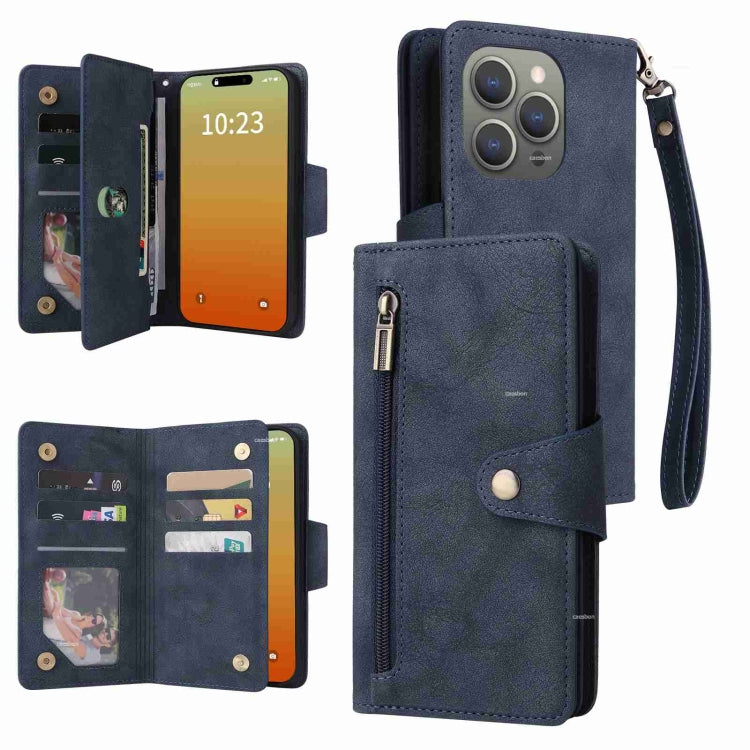 Rivet Buckle 9 Cards Three Fold Leather Phone Case, For iPhone 15 Pro Max, For iPhone 15 Pro, For iPhone 15 Plus, For iPhone 15