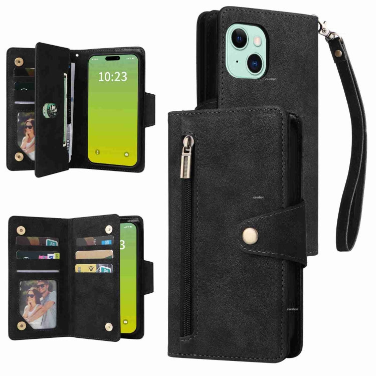 Rivet Buckle 9 Cards Three Fold Leather Phone Case, For iPhone 15 Pro Max, For iPhone 15 Pro, For iPhone 15 Plus, For iPhone 15