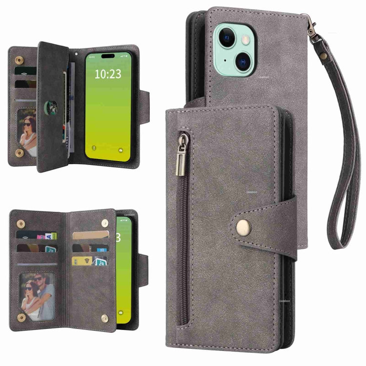 Rivet Buckle 9 Cards Three Fold Leather Phone Case, For iPhone 15 Pro Max, For iPhone 15 Pro, For iPhone 15 Plus, For iPhone 15