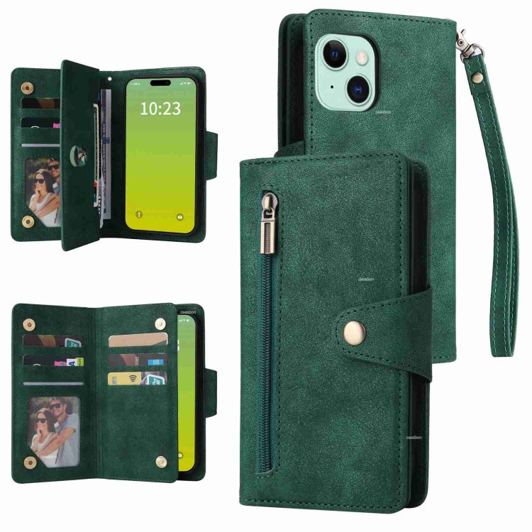 Rivet Buckle 9 Cards Three Fold Leather Phone Case, For iPhone 15 Pro Max, For iPhone 15 Pro, For iPhone 15 Plus, For iPhone 15