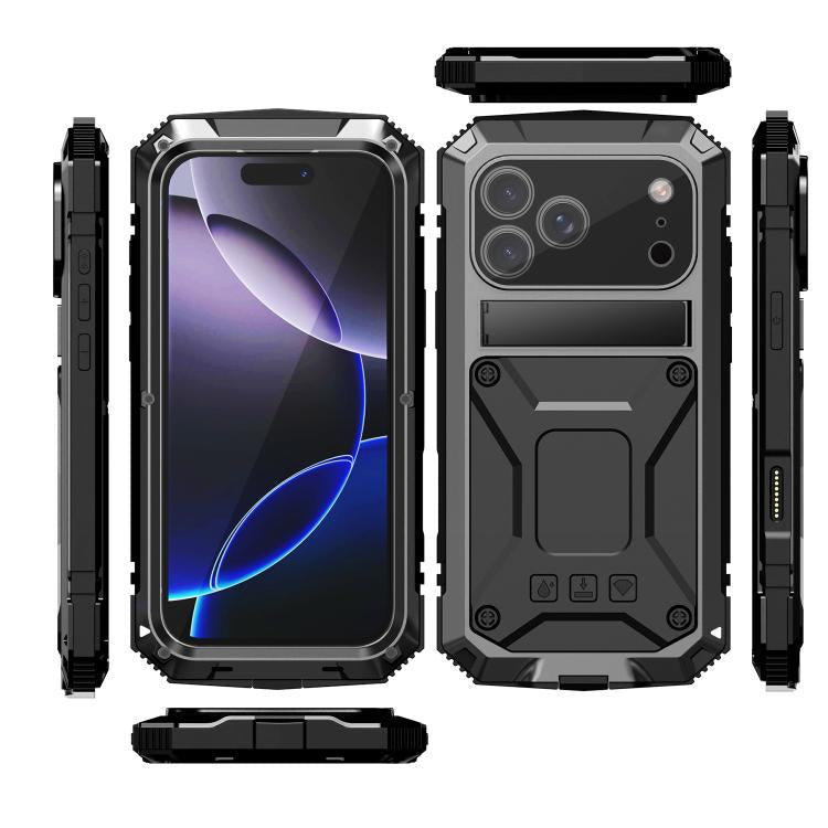 R-JUST Metal + Silicone + Tempered Glass Life Waterproof Phone Case with Holder, For iPhone 17 Pro Max, For iPhone 17 Pro, For iPhone 17, For iPhone Air, For iPhone 15 Pro Max, For iPhone 15 Pro, For iPhone 15 Plus, For iPhone 15
