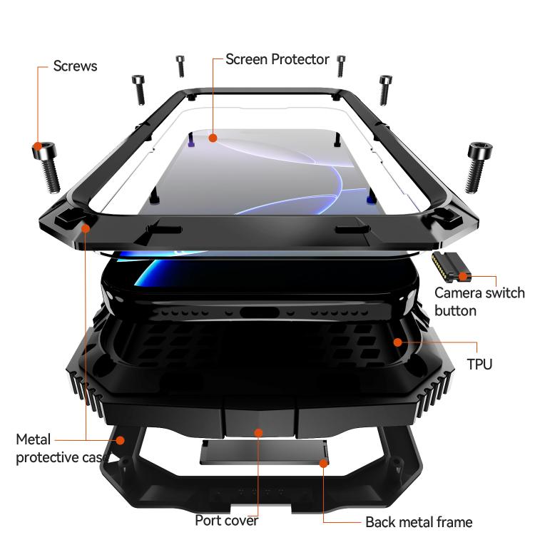 R-JUST Metal + Silicone + Tempered Glass Life Waterproof Phone Case with Holder, For iPhone 17 Pro Max, For iPhone 17 Pro, For iPhone 17, For iPhone Air, For iPhone 15 Pro Max, For iPhone 15 Pro, For iPhone 15 Plus, For iPhone 15