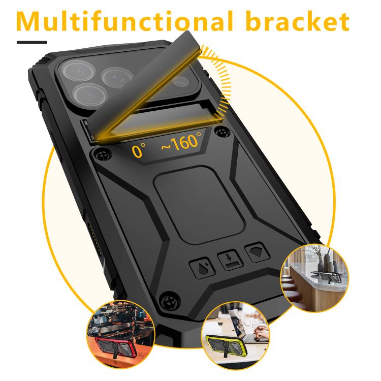 R-JUST Metal + Silicone + Tempered Glass Life Waterproof Phone Case with Holder, For iPhone 17 Pro Max, For iPhone 17 Pro, For iPhone 17, For iPhone Air, For iPhone 15 Pro Max, For iPhone 15 Pro, For iPhone 15 Plus, For iPhone 15