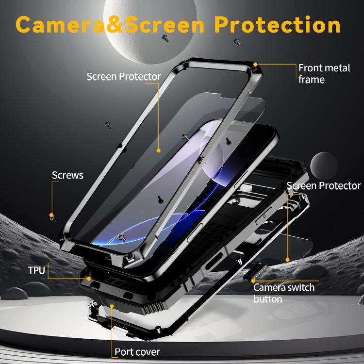 R-JUST Metal + Silicone + Tempered Glass Life Waterproof Phone Case with Holder, For iPhone 17 Pro Max, For iPhone 17 Pro, For iPhone 17, For iPhone Air, For iPhone 15 Pro Max, For iPhone 15 Pro, For iPhone 15 Plus, For iPhone 15