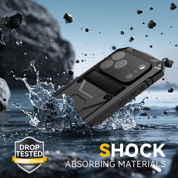 R-JUST Metal + Silicone + Tempered Glass Life Waterproof Phone Case with Holder, For iPhone 17 Pro Max, For iPhone 17 Pro, For iPhone 17, For iPhone Air, For iPhone 15 Pro Max, For iPhone 15 Pro, For iPhone 15 Plus, For iPhone 15