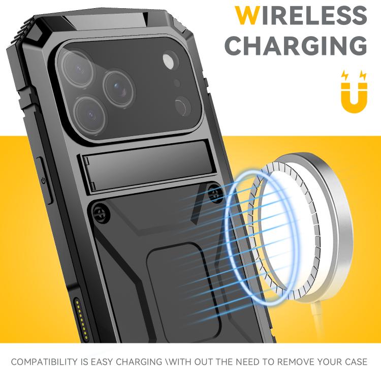R-JUST Metal + Silicone + Tempered Glass Life Waterproof Phone Case with Holder, For iPhone 17 Pro Max, For iPhone 17 Pro, For iPhone 17, For iPhone Air, For iPhone 15 Pro Max, For iPhone 15 Pro, For iPhone 15 Plus, For iPhone 15