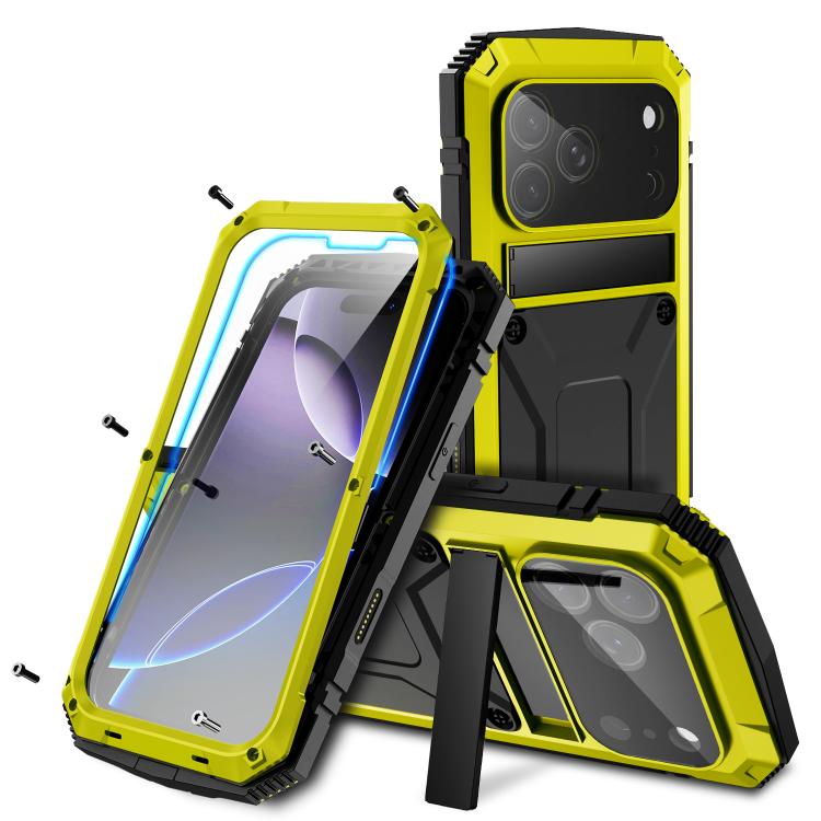 R-JUST Metal + Silicone + Tempered Glass Life Waterproof Phone Case with Holder, For iPhone 17 Pro Max, For iPhone 17 Pro, For iPhone 17, For iPhone Air, For iPhone 15 Pro Max, For iPhone 15 Pro, For iPhone 15 Plus, For iPhone 15