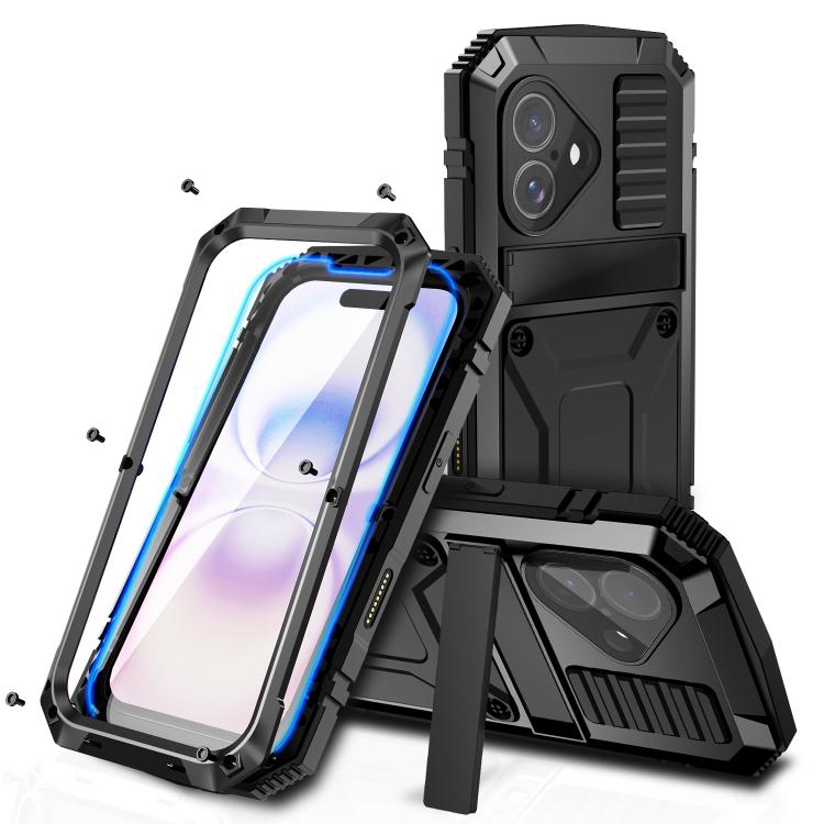 R-JUST Metal + Silicone + Tempered Glass Life Waterproof Phone Case with Holder, For iPhone 17 Pro Max, For iPhone 17 Pro, For iPhone 17, For iPhone Air, For iPhone 15 Pro Max, For iPhone 15 Pro, For iPhone 15 Plus, For iPhone 15