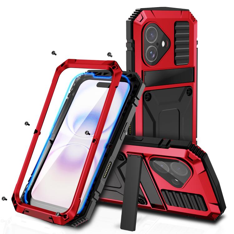 R-JUST Metal + Silicone + Tempered Glass Life Waterproof Phone Case with Holder, For iPhone 17 Pro Max, For iPhone 17 Pro, For iPhone 17, For iPhone Air, For iPhone 15 Pro Max, For iPhone 15 Pro, For iPhone 15 Plus, For iPhone 15