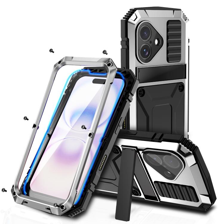 R-JUST Metal + Silicone + Tempered Glass Life Waterproof Phone Case with Holder, For iPhone 17 Pro Max, For iPhone 17 Pro, For iPhone 17, For iPhone Air, For iPhone 15 Pro Max, For iPhone 15 Pro, For iPhone 15 Plus, For iPhone 15