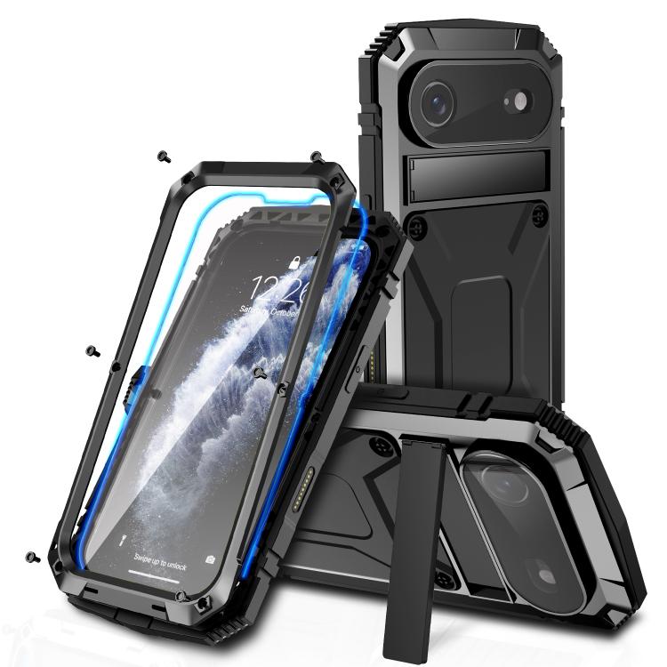 R-JUST Metal + Silicone + Tempered Glass Life Waterproof Phone Case with Holder, For iPhone 17 Pro Max, For iPhone 17 Pro, For iPhone 17, For iPhone Air, For iPhone 15 Pro Max, For iPhone 15 Pro, For iPhone 15 Plus, For iPhone 15