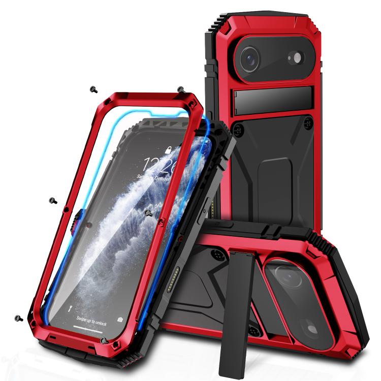 R-JUST Metal + Silicone + Tempered Glass Life Waterproof Phone Case with Holder, For iPhone 17 Pro Max, For iPhone 17 Pro, For iPhone 17, For iPhone Air, For iPhone 15 Pro Max, For iPhone 15 Pro, For iPhone 15 Plus, For iPhone 15