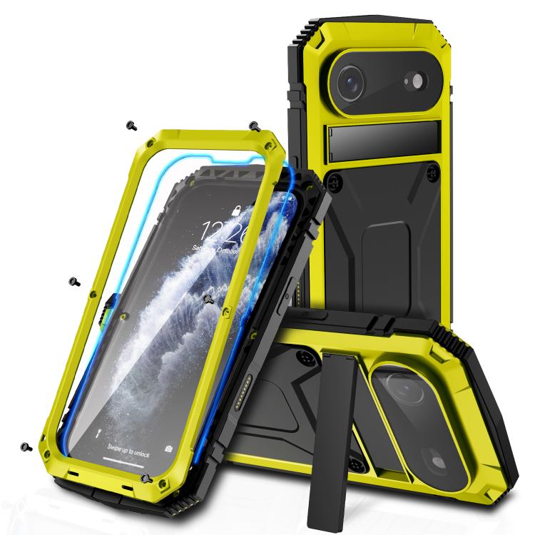 R-JUST Metal + Silicone + Tempered Glass Life Waterproof Phone Case with Holder, For iPhone 17 Pro Max, For iPhone 17 Pro, For iPhone 17, For iPhone Air, For iPhone 15 Pro Max, For iPhone 15 Pro, For iPhone 15 Plus, For iPhone 15