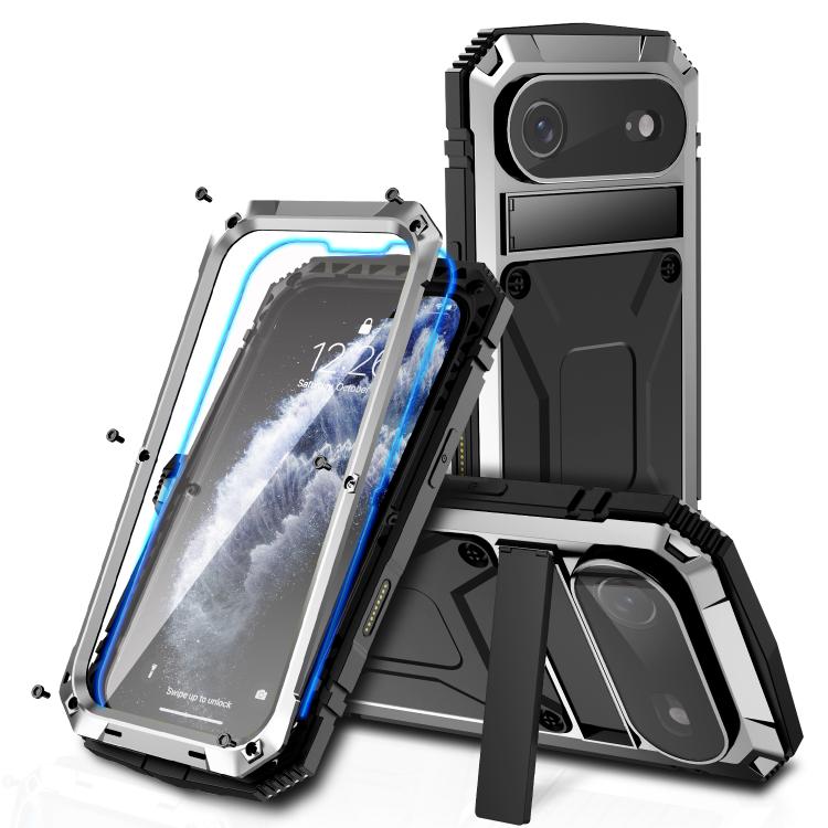 R-JUST Metal + Silicone + Tempered Glass Life Waterproof Phone Case with Holder, For iPhone 17 Pro Max, For iPhone 17 Pro, For iPhone 17, For iPhone Air, For iPhone 15 Pro Max, For iPhone 15 Pro, For iPhone 15 Plus, For iPhone 15