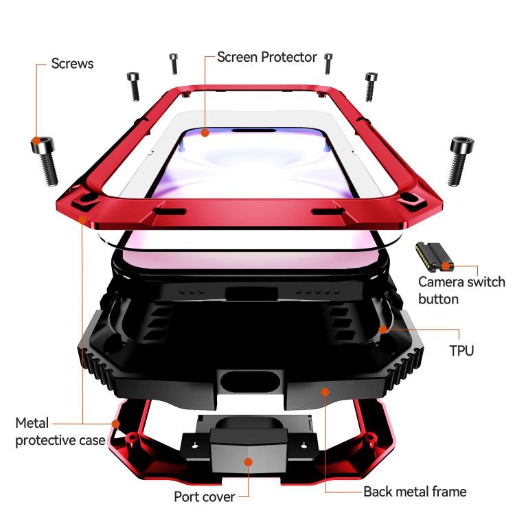 R-JUST Metal + Silicone + Tempered Glass Life Waterproof Phone Case with Holder, For iPhone 18, For iPhone 18 Pro, For iPhone 18 Pro Max, For iPhone 17 Pro Max, For iPhone 17 Pro, For iPhone 17, For iPhone Air, For iPhone 15 Pro Max, For iPhone 15 Pro ...