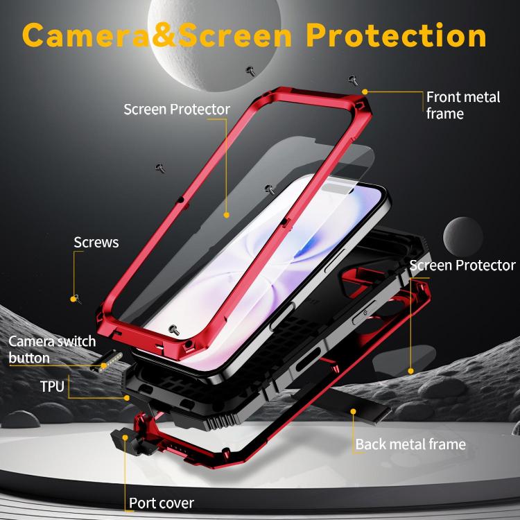 R-JUST Metal + Silicone + Tempered Glass Life Waterproof Phone Case with Holder, For iPhone 18, For iPhone 18 Pro, For iPhone 18 Pro Max, For iPhone 17 Pro Max, For iPhone 17 Pro, For iPhone 17, For iPhone Air, For iPhone 15 Pro Max, For iPhone 15 Pro ...