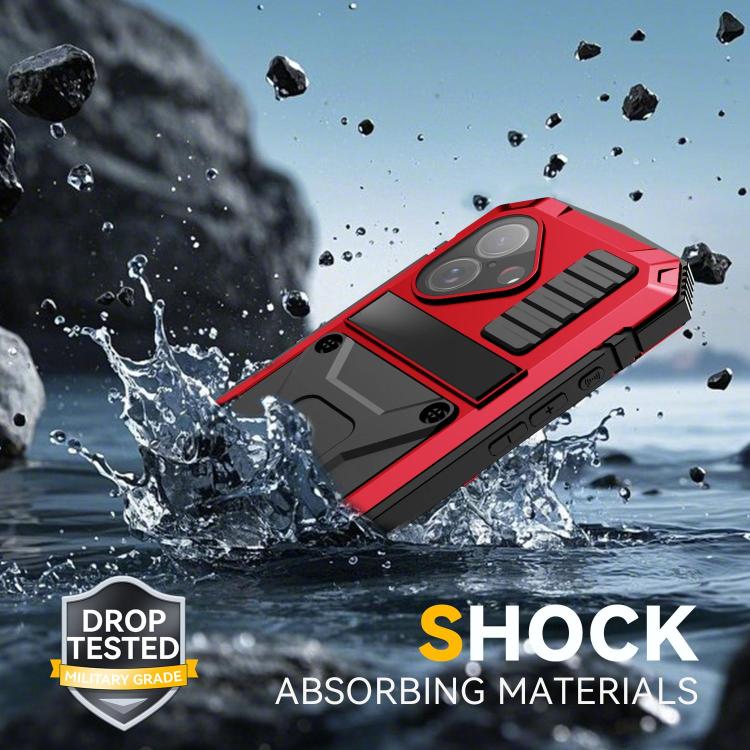 R-JUST Metal + Silicone + Tempered Glass Life Waterproof Phone Case with Holder, For iPhone 18, For iPhone 18 Pro, For iPhone 18 Pro Max, For iPhone 17 Pro Max, For iPhone 17 Pro, For iPhone 17, For iPhone Air, For iPhone 15 Pro Max, For iPhone 15 Pro ...