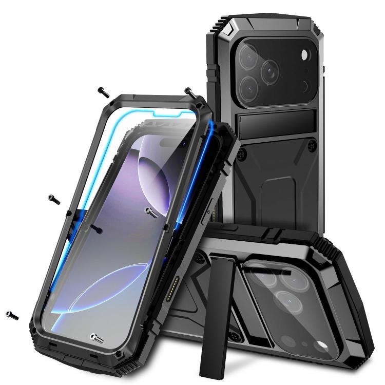 R-JUST Metal + Silicone + Tempered Glass Life Waterproof Phone Case with Holder, For iPhone 18, For iPhone 18 Pro, For iPhone 18 Pro Max, For iPhone 17 Pro Max, For iPhone 17 Pro, For iPhone 17, For iPhone Air, For iPhone 15 Pro Max, For iPhone 15 Pro ...