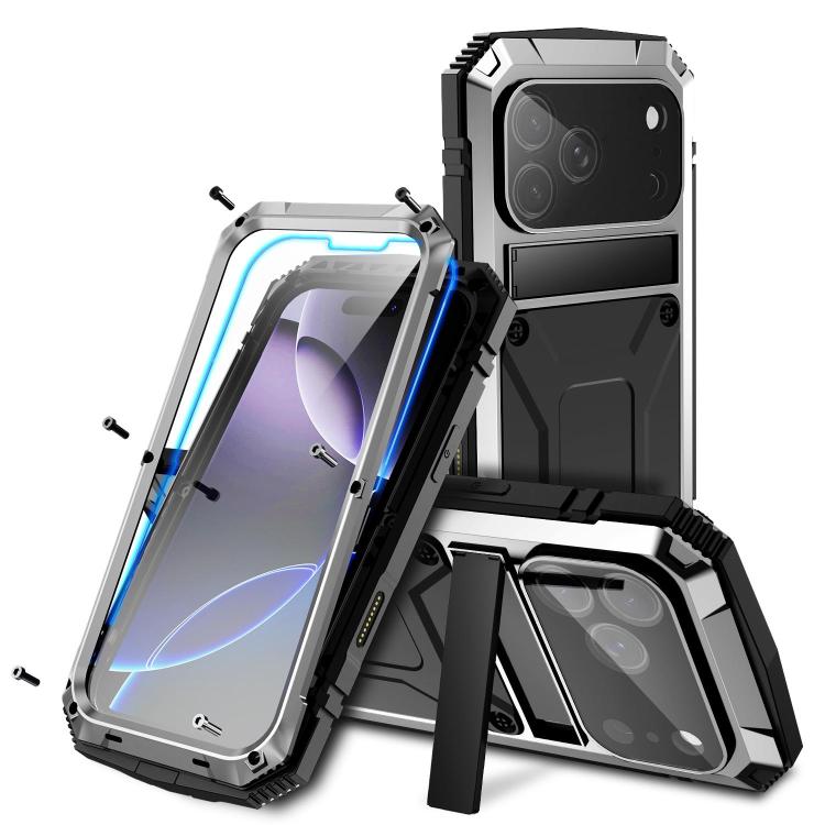 R-JUST Metal + Silicone + Tempered Glass Life Waterproof Phone Case with Holder, For iPhone 18, For iPhone 18 Pro, For iPhone 18 Pro Max, For iPhone 17 Pro Max, For iPhone 17 Pro, For iPhone 17, For iPhone Air, For iPhone 15 Pro Max, For iPhone 15 Pro ...
