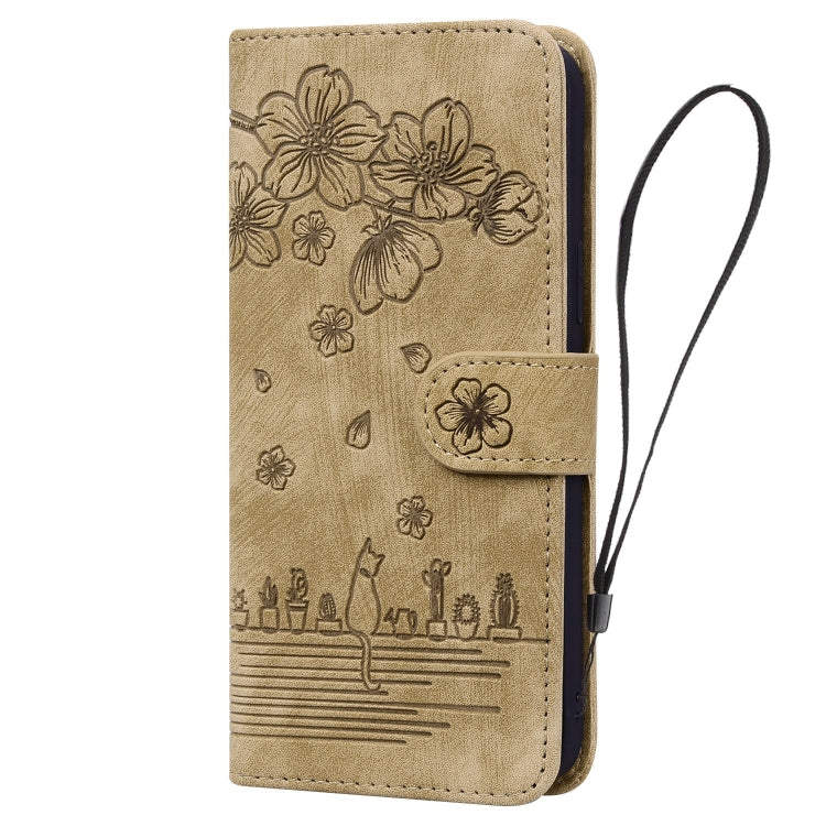 Cartoon Sakura Cat Embossed Leather Phone Case, For iPhone 15 Pro Max, For iPhone 15 Pro, For iPhone 15 Plus, For iPhone 15, For iPhone 14 Plus, For iPhone 14, For iPhone 14 Pro, For iPhone 14 Pro Max