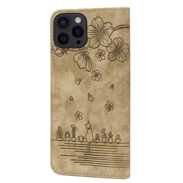 Cartoon Sakura Cat Embossed Leather Phone Case, For iPhone 15 Pro Max, For iPhone 15 Pro, For iPhone 15 Plus, For iPhone 15, For iPhone 14 Plus, For iPhone 14, For iPhone 14 Pro, For iPhone 14 Pro Max