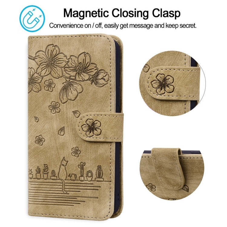 Cartoon Sakura Cat Embossed Leather Phone Case, For iPhone 15 Pro Max, For iPhone 15 Pro, For iPhone 15 Plus, For iPhone 15, For iPhone 14 Plus, For iPhone 14, For iPhone 14 Pro, For iPhone 14 Pro Max