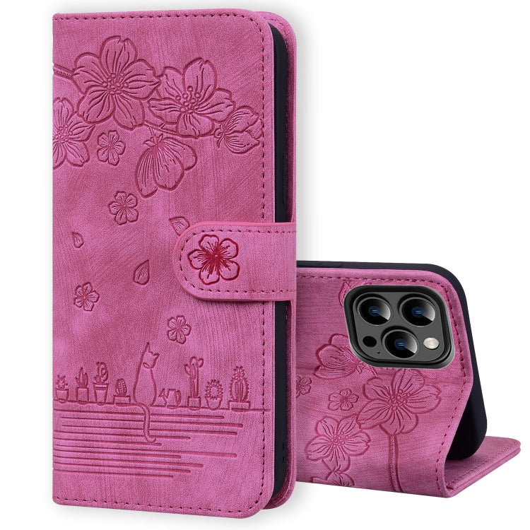 Cartoon Sakura Cat Embossed Leather Phone Case, For iPhone 15 Pro Max, For iPhone 15 Pro, For iPhone 15 Plus, For iPhone 15, For iPhone 14 Plus, For iPhone 14, For iPhone 14 Pro, For iPhone 14 Pro Max