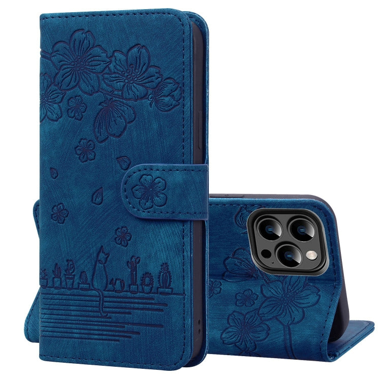 Cartoon Sakura Cat Embossed Leather Phone Case, For iPhone 15 Pro Max, For iPhone 15 Pro, For iPhone 15 Plus, For iPhone 15, For iPhone 14 Plus, For iPhone 14, For iPhone 14 Pro, For iPhone 14 Pro Max