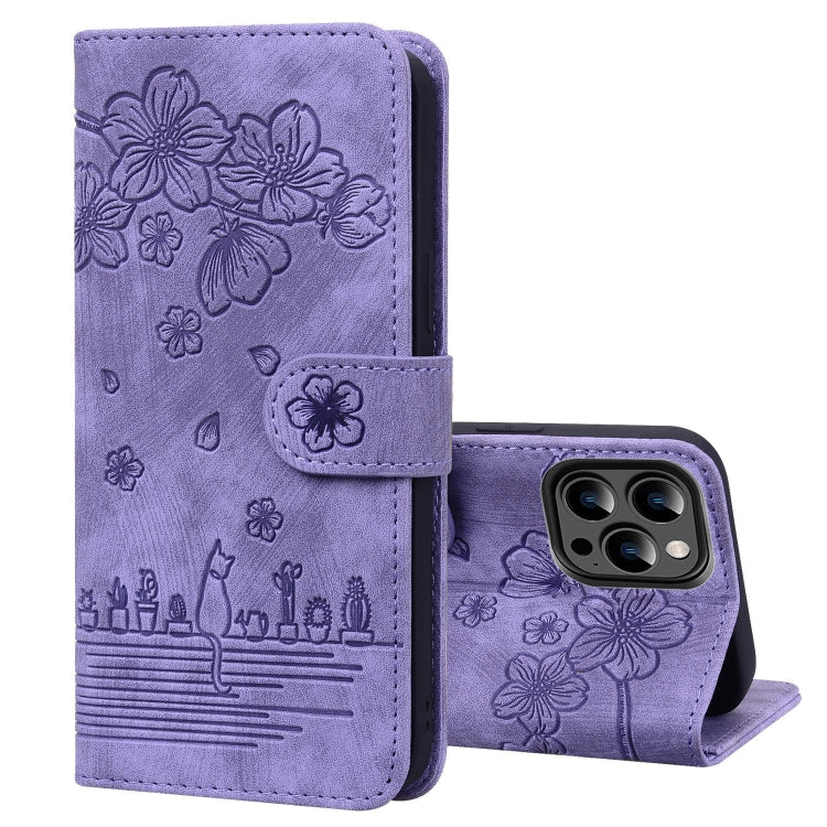 Cartoon Sakura Cat Embossed Leather Phone Case, For iPhone 15 Pro Max, For iPhone 15 Pro, For iPhone 15 Plus, For iPhone 15, For iPhone 14 Plus, For iPhone 14, For iPhone 14 Pro, For iPhone 14 Pro Max