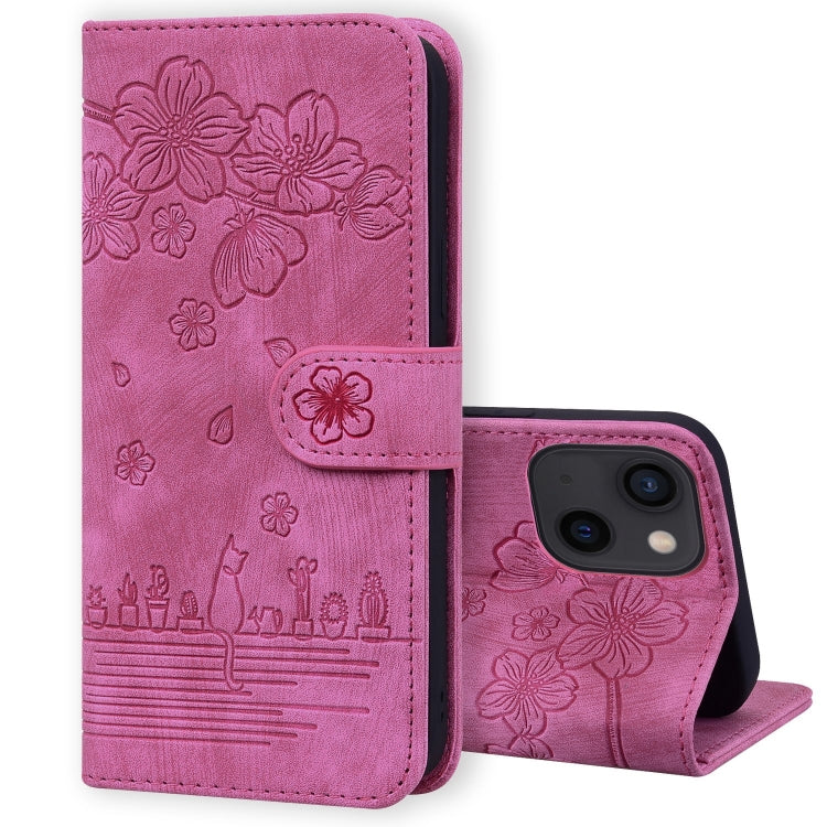 Cartoon Sakura Cat Embossed Leather Phone Case, For iPhone 15 Pro Max, For iPhone 15 Pro, For iPhone 15 Plus, For iPhone 15, For iPhone 14 Plus, For iPhone 14, For iPhone 14 Pro, For iPhone 14 Pro Max