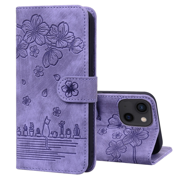 Cartoon Sakura Cat Embossed Leather Phone Case, For iPhone 15 Pro Max, For iPhone 15 Pro, For iPhone 15 Plus, For iPhone 15, For iPhone 14 Plus, For iPhone 14, For iPhone 14 Pro, For iPhone 14 Pro Max