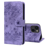 Cartoon Sakura Cat Embossed Leather Phone Case, For iPhone 15 Pro Max, For iPhone 15 Pro, For iPhone 15 Plus, For iPhone 15, For iPhone 14 Plus, For iPhone 14, For iPhone 14 Pro, For iPhone 14 Pro Max