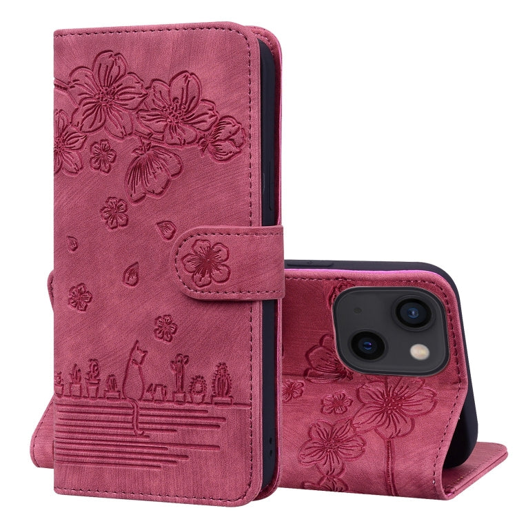 Cartoon Sakura Cat Embossed Leather Phone Case, For iPhone 15 Pro Max, For iPhone 15 Pro, For iPhone 15 Plus, For iPhone 15, For iPhone 14 Plus, For iPhone 14, For iPhone 14 Pro, For iPhone 14 Pro Max
