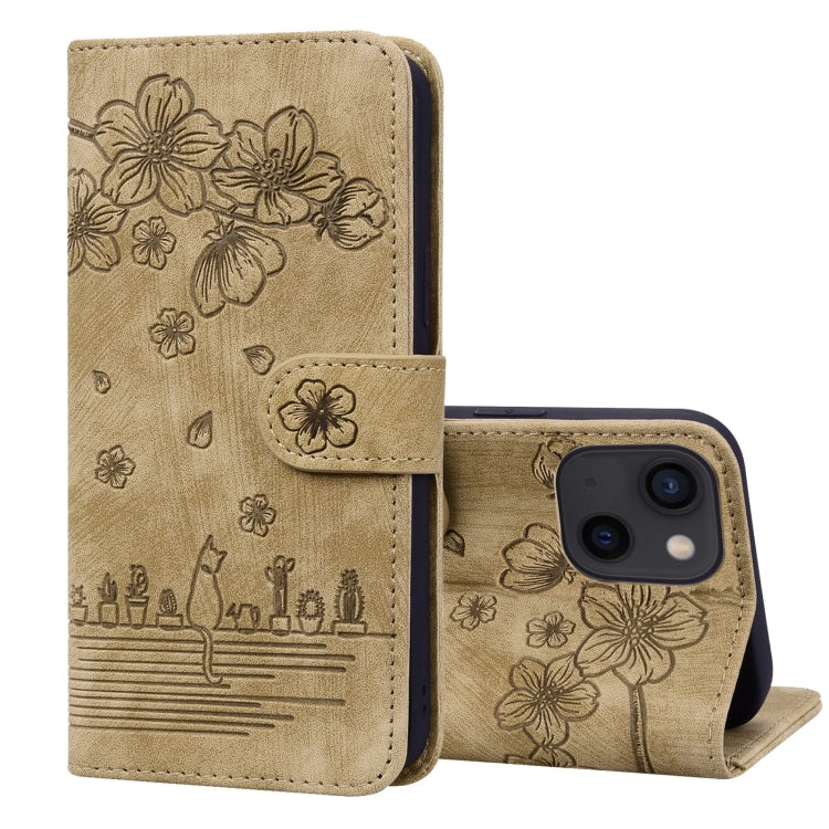 Cartoon Sakura Cat Embossed Leather Phone Case, For iPhone 15 Pro Max, For iPhone 15 Pro, For iPhone 15 Plus, For iPhone 15, For iPhone 14 Plus, For iPhone 14, For iPhone 14 Pro, For iPhone 14 Pro Max
