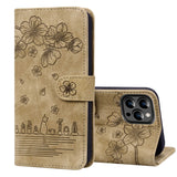 Cartoon Sakura Cat Embossed Leather Phone Case, For iPhone 15 Pro Max, For iPhone 15 Pro, For iPhone 15 Plus, For iPhone 15, For iPhone 14 Plus, For iPhone 14, For iPhone 14 Pro, For iPhone 14 Pro Max