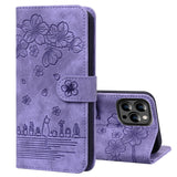Cartoon Sakura Cat Embossed Leather Phone Case, For iPhone 15 Pro Max, For iPhone 15 Pro, For iPhone 15 Plus, For iPhone 15, For iPhone 14 Plus, For iPhone 14, For iPhone 14 Pro, For iPhone 14 Pro Max