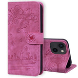 Cartoon Sakura Cat Embossed Leather Phone Case, For iPhone 15 Pro Max, For iPhone 15 Pro, For iPhone 15 Plus, For iPhone 15, For iPhone 14 Plus, For iPhone 14, For iPhone 14 Pro, For iPhone 14 Pro Max