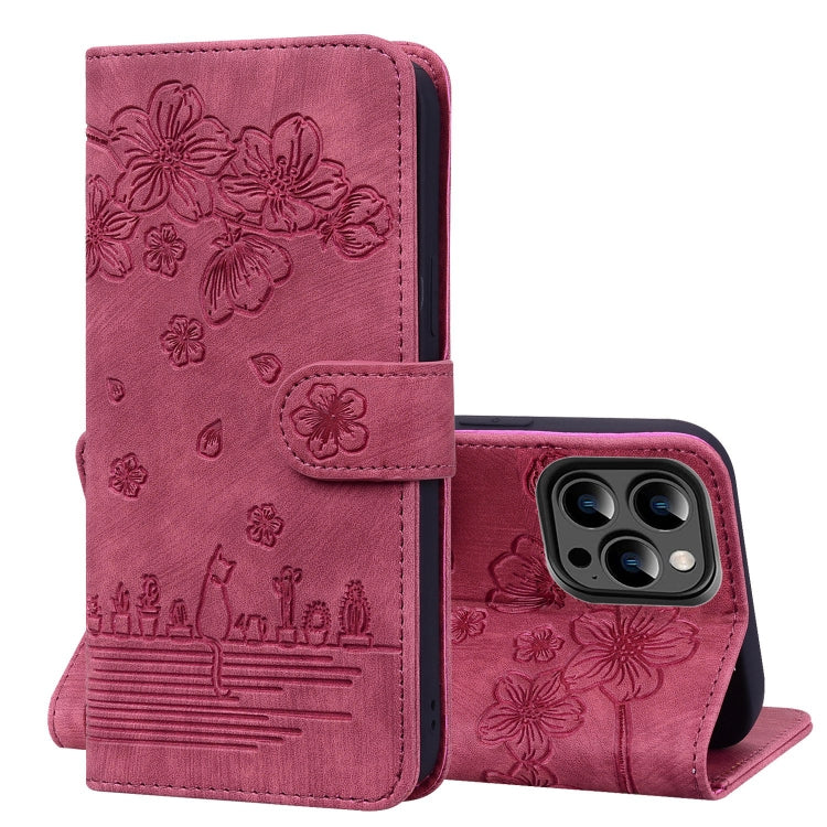 Cartoon Sakura Cat Embossed Leather Phone Case, For iPhone 15 Pro Max, For iPhone 15 Pro, For iPhone 15 Plus, For iPhone 15, For iPhone 14 Plus, For iPhone 14, For iPhone 14 Pro, For iPhone 14 Pro Max