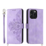 Skin-feel Flowers Embossed Wallet Leather Phone Case, For iPhone 15 Pro Max, For iPhone 15 Pro, For iPhone 15 Plus, For iPhone 15