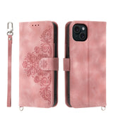 Skin-feel Flowers Embossed Wallet Leather Phone Case, For iPhone 15 Pro Max, For iPhone 15 Pro, For iPhone 15 Plus, For iPhone 15