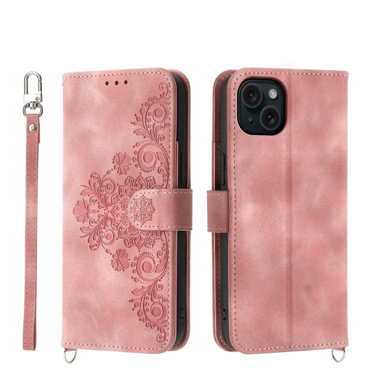 Skin-feel Flowers Embossed Wallet Leather Phone Case, For iPhone 15 Pro Max, For iPhone 15 Pro, For iPhone 15 Plus, For iPhone 15