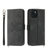Skin-feel Flowers Embossed Wallet Leather Phone Case, For iPhone 15 Pro Max, For iPhone 15 Pro, For iPhone 15 Plus, For iPhone 15