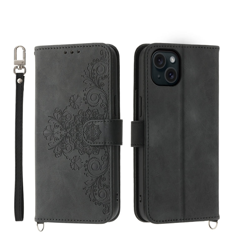 Skin-feel Flowers Embossed Wallet Leather Phone Case, For iPhone 15 Pro Max, For iPhone 15 Pro, For iPhone 15 Plus, For iPhone 15