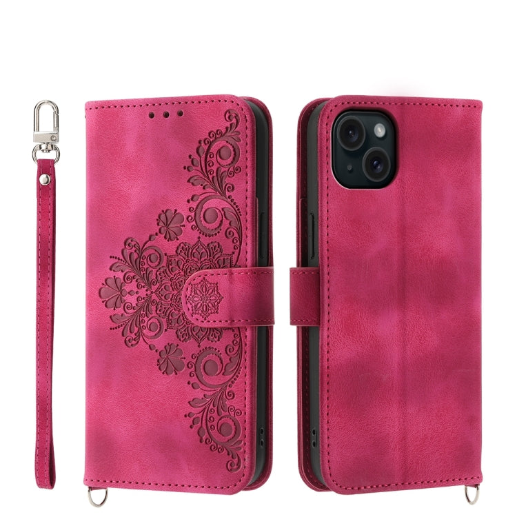 Skin-feel Flowers Embossed Wallet Leather Phone Case, For iPhone 15 Pro Max, For iPhone 15 Pro, For iPhone 15 Plus, For iPhone 15