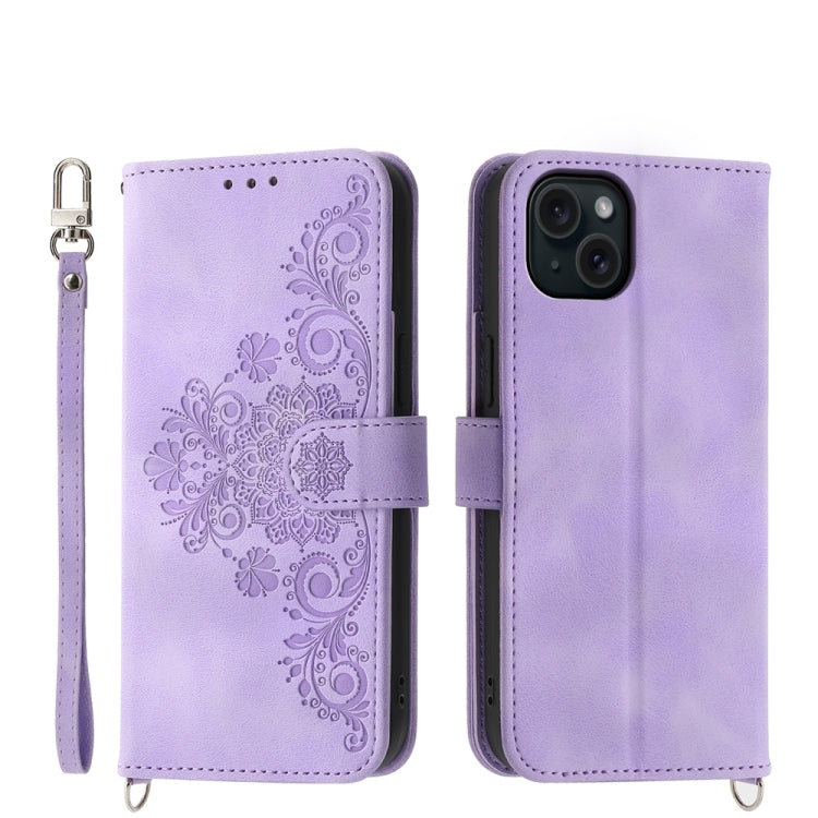Skin-feel Flowers Embossed Wallet Leather Phone Case, For iPhone 15 Pro Max, For iPhone 15 Pro, For iPhone 15 Plus, For iPhone 15