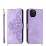 Skin-feel Flowers Embossed Wallet Leather Phone Case, For iPhone 15 Pro Max, For iPhone 15 Pro, For iPhone 15 Plus, For iPhone 15