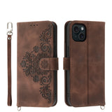 Skin-feel Flowers Embossed Wallet Leather Phone Case, For iPhone 15 Pro Max, For iPhone 15 Pro, For iPhone 15 Plus, For iPhone 15