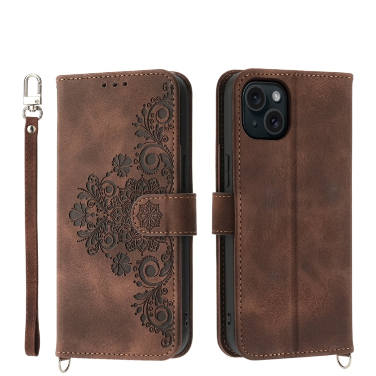 Skin-feel Flowers Embossed Wallet Leather Phone Case, For iPhone 15 Pro Max, For iPhone 15 Pro, For iPhone 15 Plus, For iPhone 15