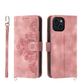 Skin-feel Flowers Embossed Wallet Leather Phone Case, For iPhone 15 Pro Max, For iPhone 15 Pro, For iPhone 15 Plus, For iPhone 15