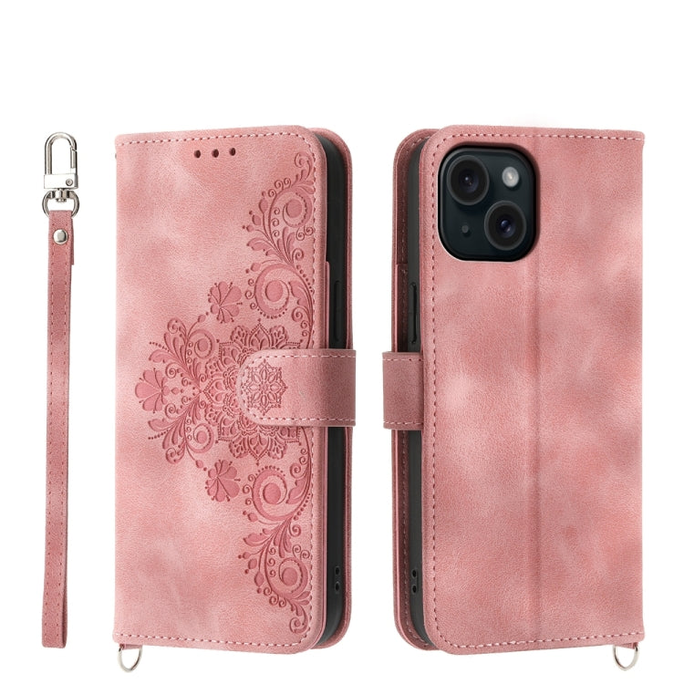 Skin-feel Flowers Embossed Wallet Leather Phone Case, For iPhone 15 Pro Max, For iPhone 15 Pro, For iPhone 15 Plus, For iPhone 15